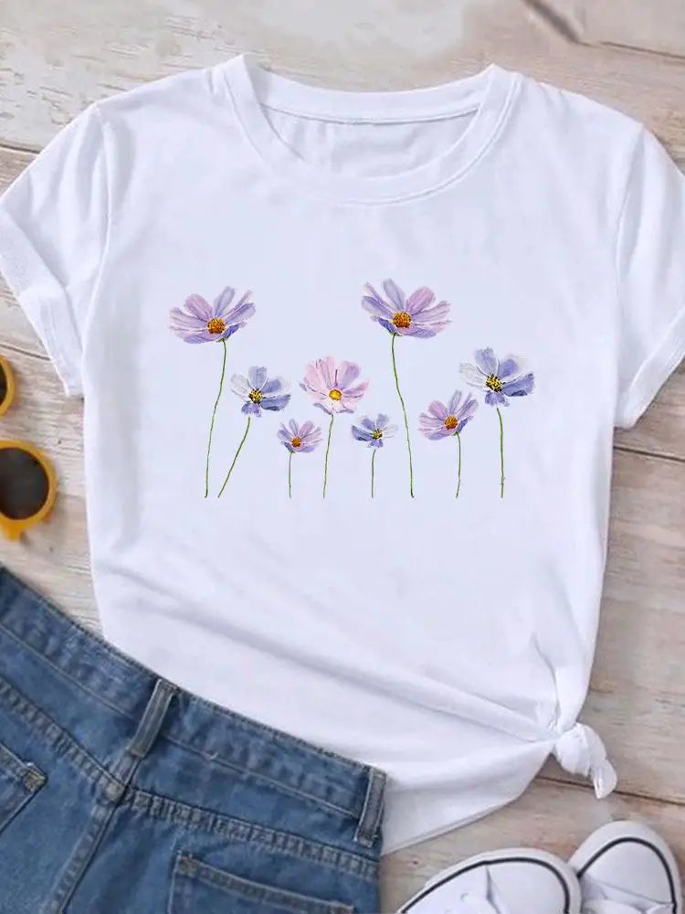 Graphic T Shirt Casual Clothing Summer Short Sleeve Cute Lovely Sweet Flower Women Print Fashion Clothes Tee T-shirt Female Top