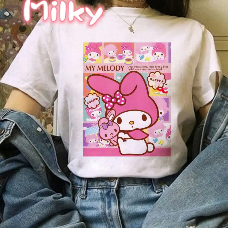 Kawaii My Melody T Shirt Oversized Kuromi Printed Cartoon T-shirts Streetwear Short Sleeve Cute Sweet Girl Tops Women Clothing