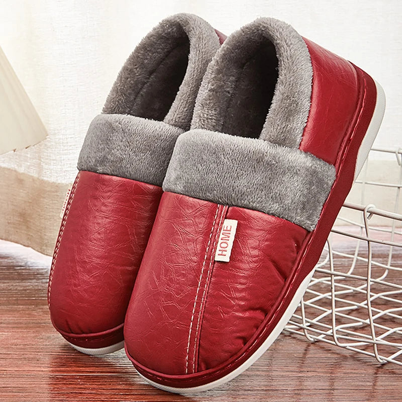 Men's Home Winter Slippers Home Warm Shoes Thick Bottom Plush Waterproof PU Leather Home Couples Cotton Flat Couple Shoes