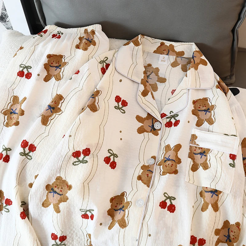 Cartoon Cherry Bear Kawaii Women's Pajamas Harajuku Cute Y2K Pajamas for Women Long Sleeve Top & Elastic Waist Pants Sleepwear