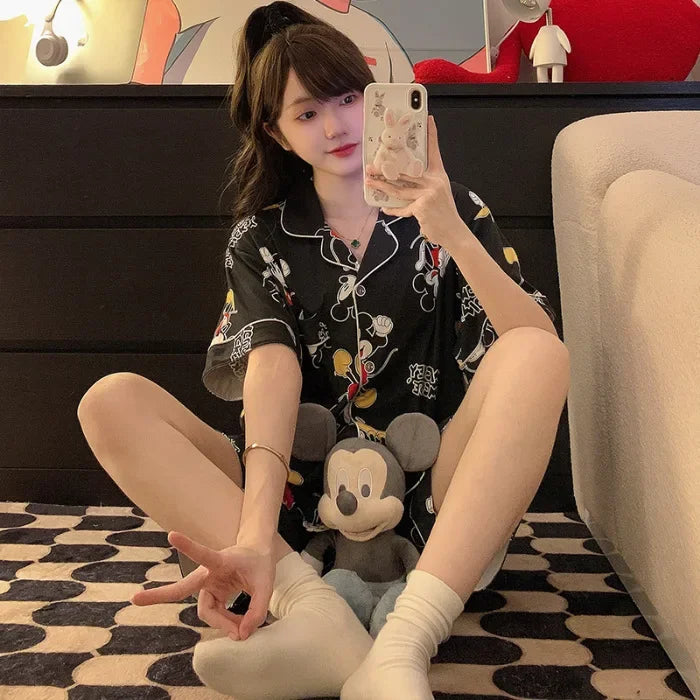 150kg Plus Size Ins Cartoon Pajamas Set Korean Student Summer Internet Celebrity Girl Short Sleeve Shorts Thin Loose Homewear