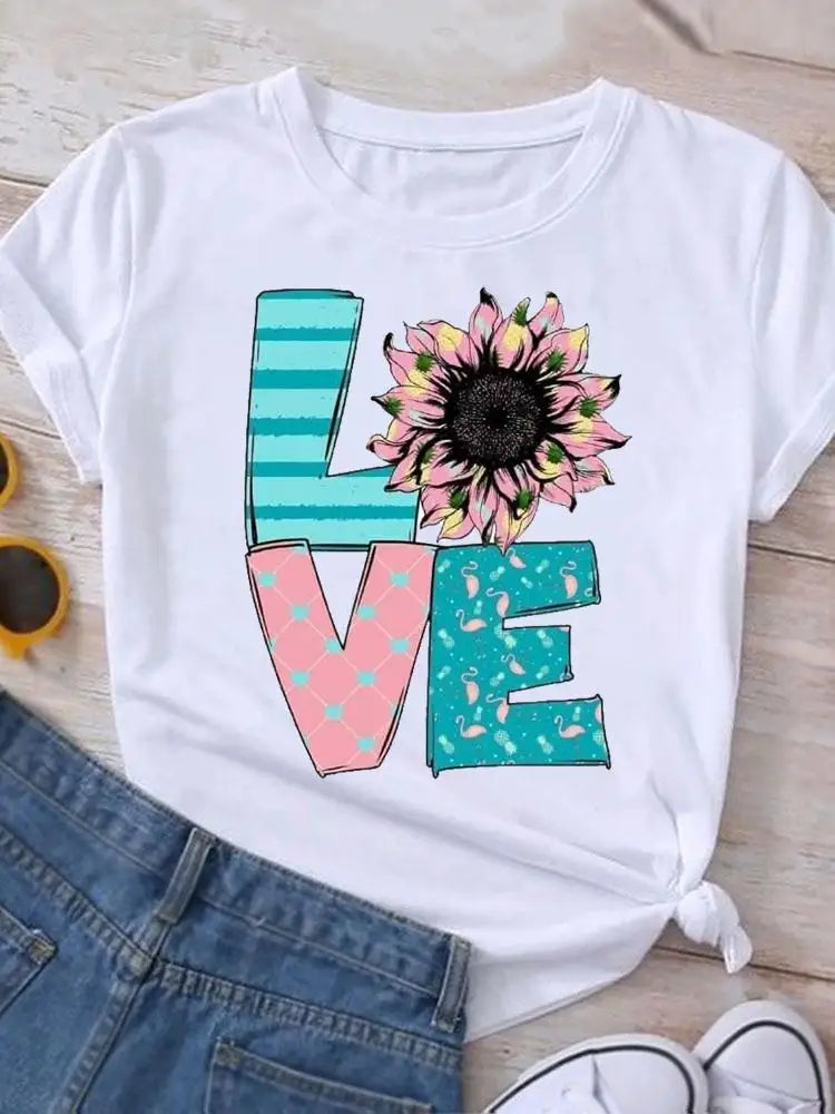 Graphic T Shirt Casual Clothing Summer Short Sleeve Cute Lovely Sweet Flower Women Print Fashion Clothes Tee T-shirt Female Top