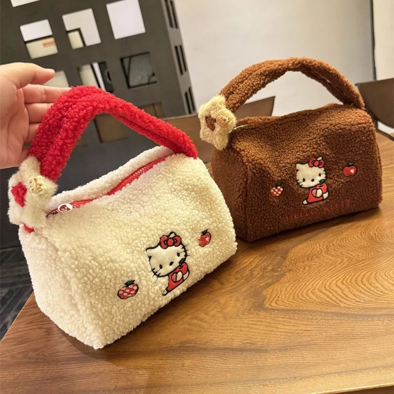 2025 New Cute Hello Kitty Lamb Hair Handbag Girly Heart Large Capacity Embroidered Bucket Bag Portable Cosmetic Bag Storage Bag