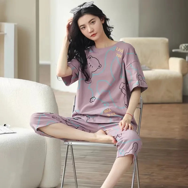 Summer New Ladies Pajamas Homewear Set of Short-Sleeved Pajamas Women's Summer Simple Korean Cartoon Loose Large Size Homewear