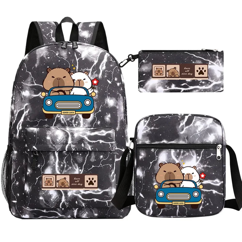 Cute Capybara 3Pcs Boy Girl Kids Back To School Book Bags Travel Student Backpack Shoulder Bag Pen Bags For Men Women