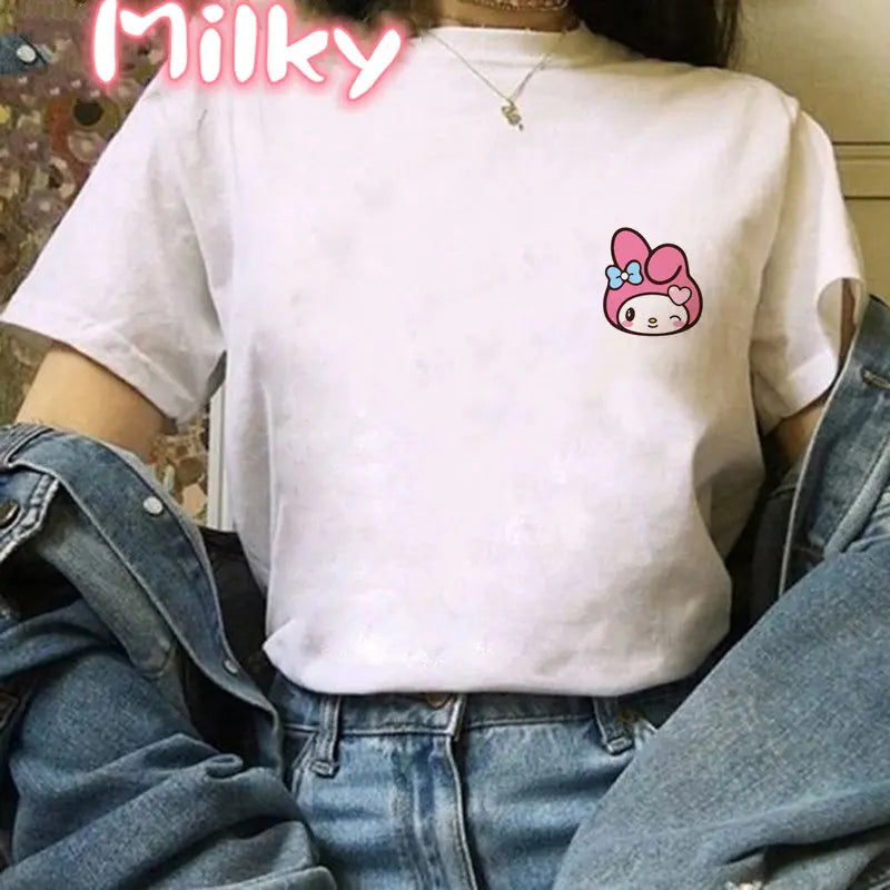 Kawaii My Melody T Shirt Oversized Kuromi Printed Cartoon T-shirts Streetwear Short Sleeve Cute Sweet Girl Tops Women Clothing