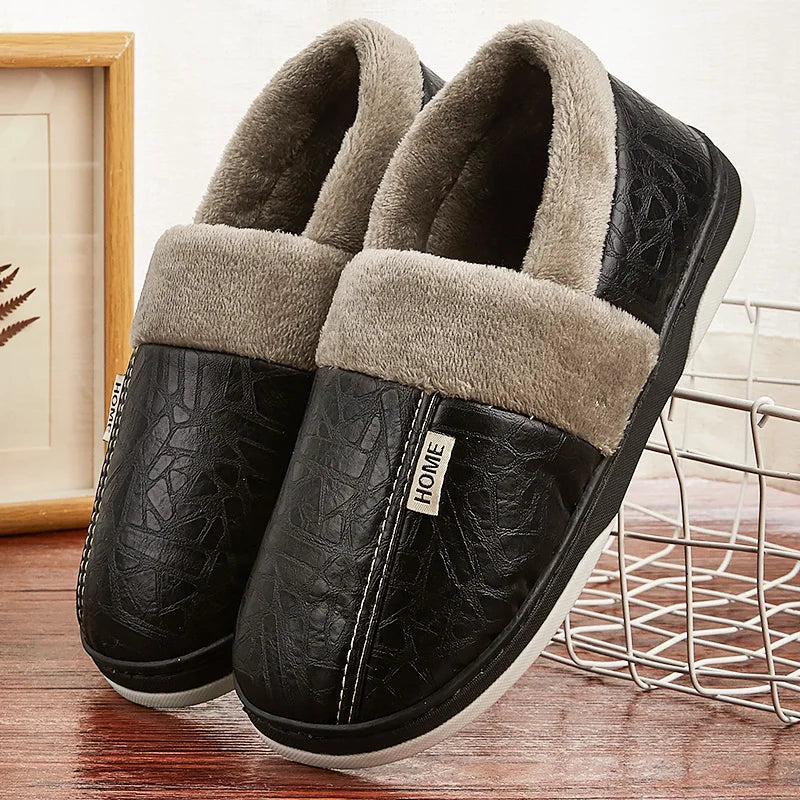 Men's Home Winter Slippers Home Warm Shoes Thick Bottom Plush Waterproof PU Leather Home Couples Cotton Flat Couple Shoes