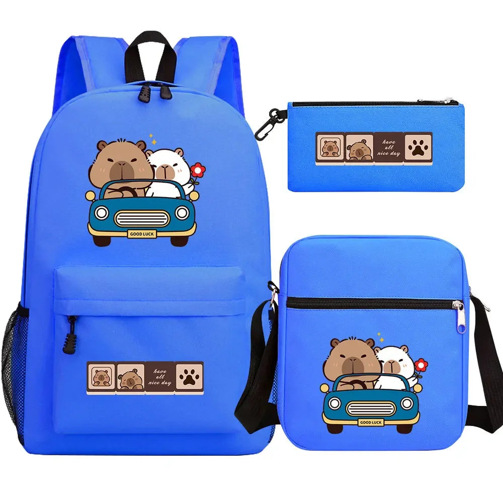 Cute Capybara 3Pcs Boy Girl Kids Back To School Book Bags Travel Student Backpack Shoulder Bag Pen Bags For Men Women