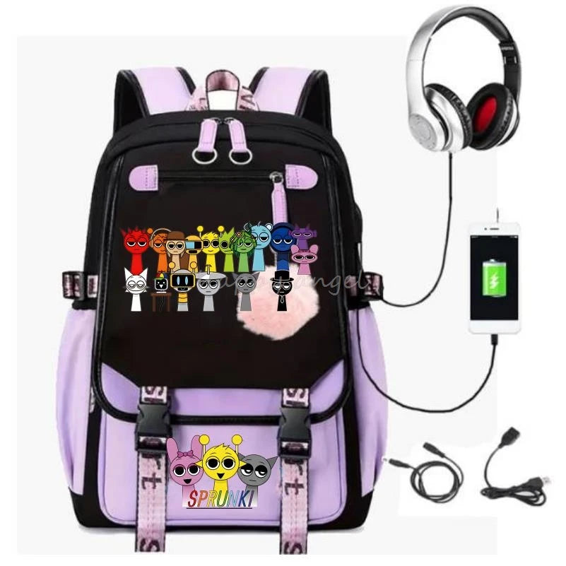 Hot Fashion New Sprunki USB Charging Bookbag Women Back Pack Laptop School Bags for Teenage Girls Boys Schoolbag Best Gift