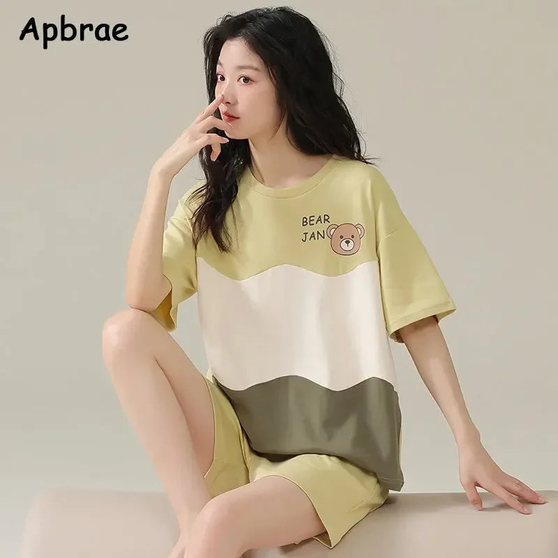 100% Cotton Pajamas for Women Short Sleeved High Quality Pijamas Loose Size Summer Pyjamas Cute Bear Print Women's Nightwear