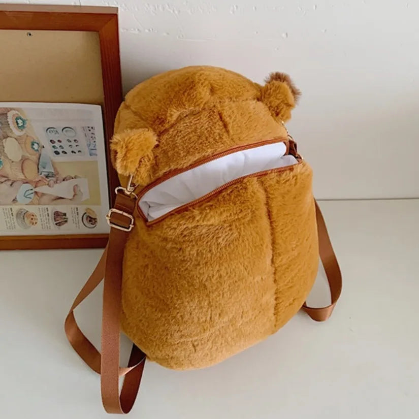 Soft Cartoon Capybara Backpack Hamburg French Fries Kawaii Handbags Korean Style Plush Doll Fur Bag Boys