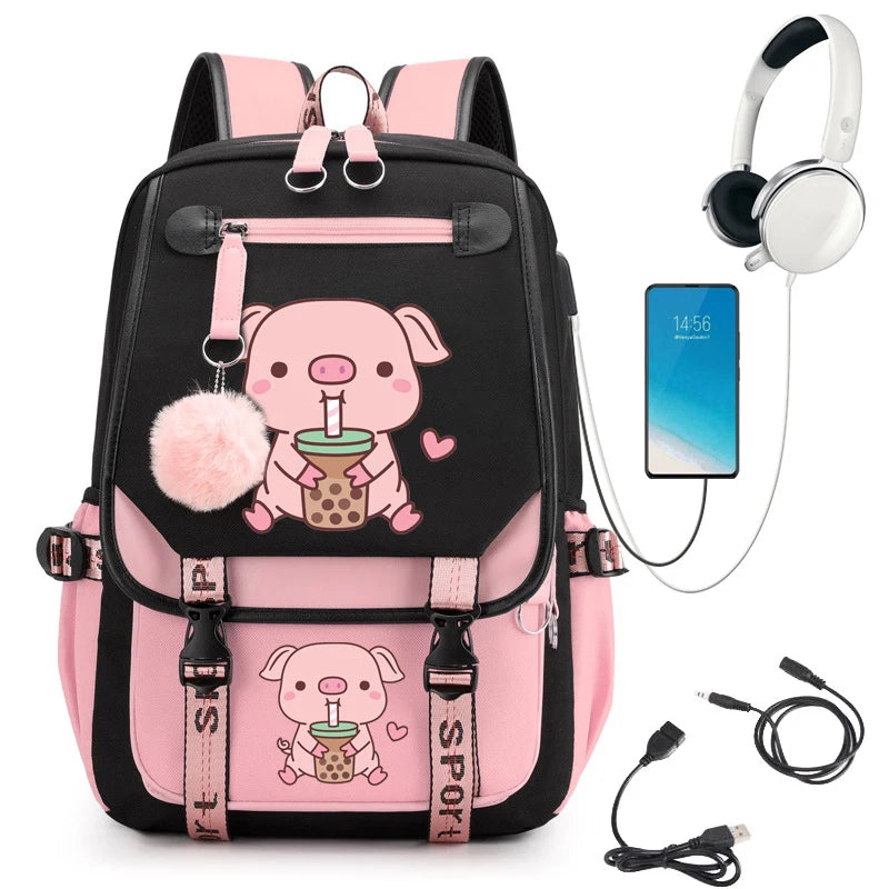 Women Fashion Backpack Female Waterproof Back Bag Pig Boba Tea Cartoon School Backpack for Girl Student Schoolbag Usb Charging