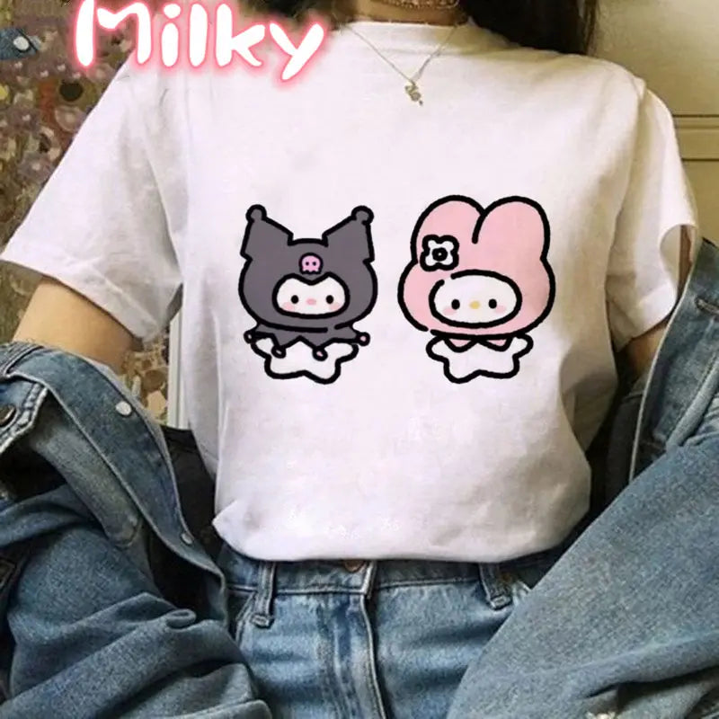 Kawaii My Melody T Shirt Oversized Kuromi Printed Cartoon T-shirts Streetwear Short Sleeve Cute Sweet Girl Tops Women Clothing