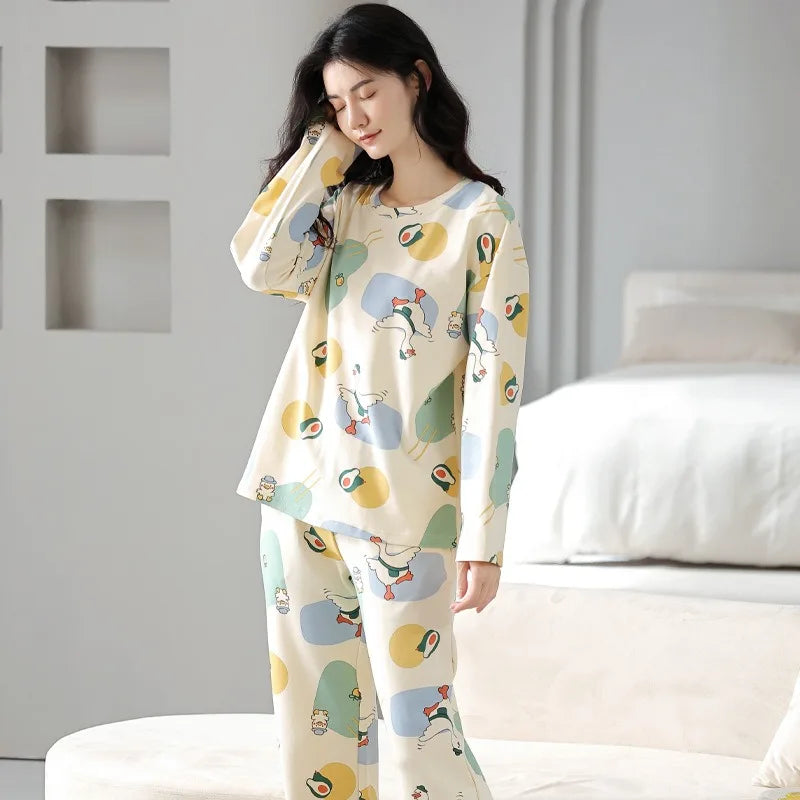 Women's Nightwear Plus Size Cartoon Bear Student Pajamas Homewear Ladies Long Sleeves Plaid Long Trousers Sleepwear Loungewear