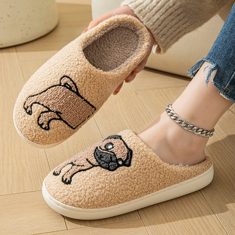 Cartoon Cat Puppy Embroidered Home Slippers Women 2024 Winter Closed Toe Cotton Slippers Woman Non Slip Flat Heels Indoor Shoes