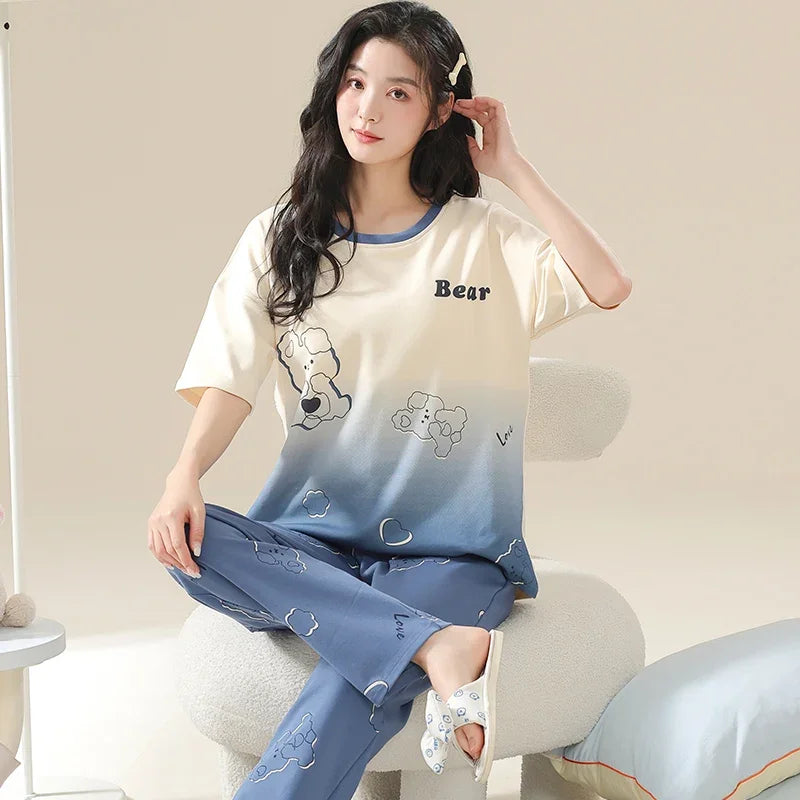 New Pajama Cartoon Cotton Pajamas for Women Summer Short Sleeved Long Pants Sleepwear Korean Fashion Rabbit Print Home Clothing