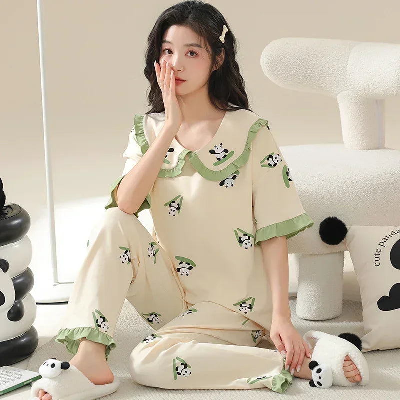 Spring Summer Women Pajamas Soft Cotton Cute Rabbit Print Pijamas Short Sleeved Plaid Pants Sleepwear Fashion Home Wear