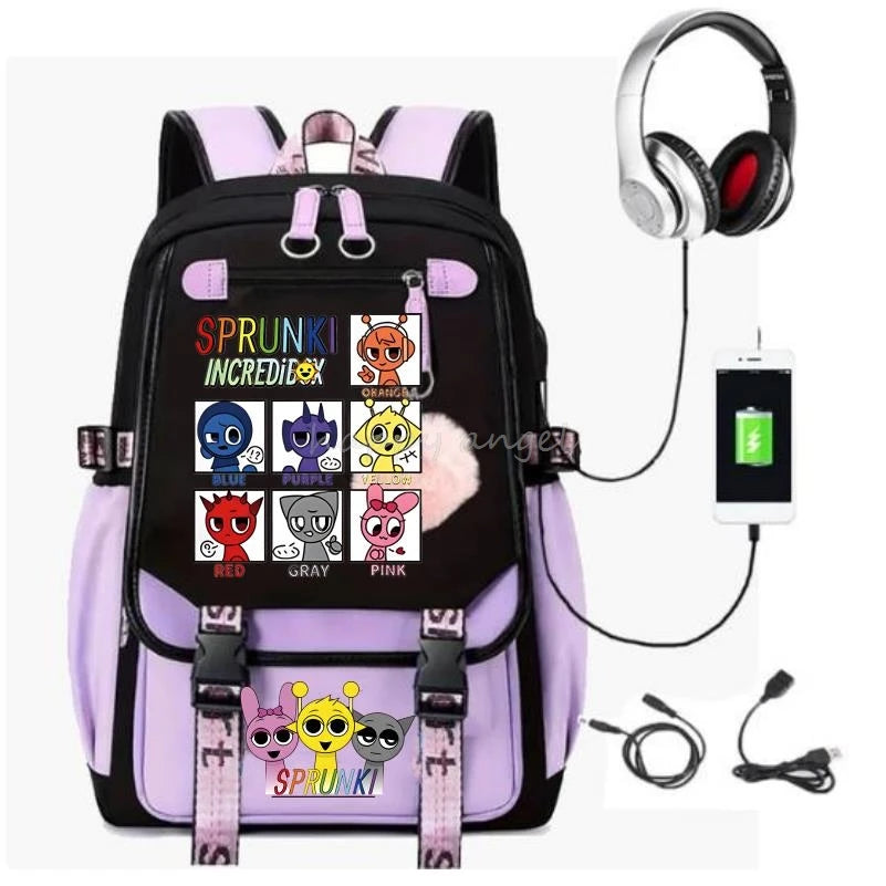 Hot Fashion New Sprunki USB Charging Bookbag Women Back Pack Laptop School Bags for Teenage Girls Boys Schoolbag Best Gift