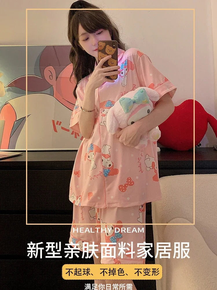 150kg Plus Size Ins Cartoon Pajamas Set Korean Student Summer Internet Celebrity Girl Short Sleeve Shorts Thin Loose Homewear