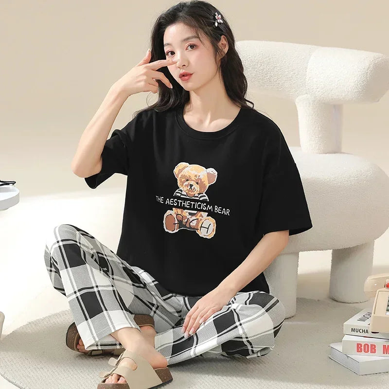 Spring Summer Women Pajamas Soft Cotton Cute Rabbit Print Pijamas Short Sleeved Plaid Pants Sleepwear Fashion Home Wear