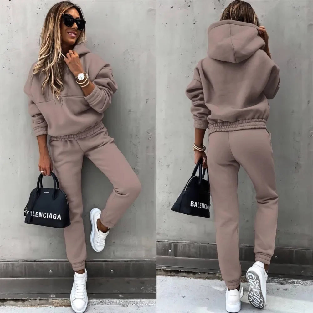 Autumn Winter New Solid Color Long Sleeve Hoodie Women's Casual Suit Fashion Loose Sports Hoodie + Small Foot Pants 2 Piece Set