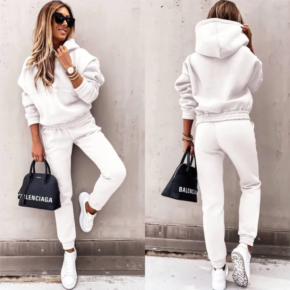 Autumn Winter New Solid Color Long Sleeve Hoodie Women's Casual Suit Fashion Loose Sports Hoodie + Small Foot Pants 2 Piece Set