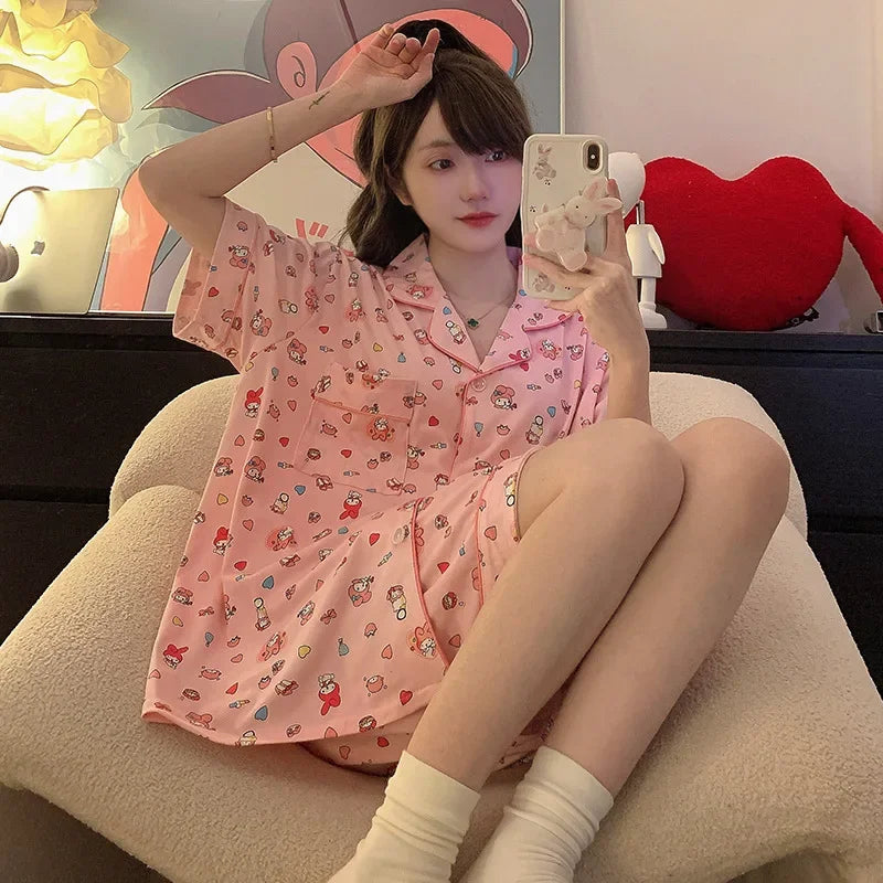 150kg Plus Size Ins Cartoon Pajamas Set Korean Student Summer Internet Celebrity Girl Short Sleeve Shorts Thin Loose Homewear