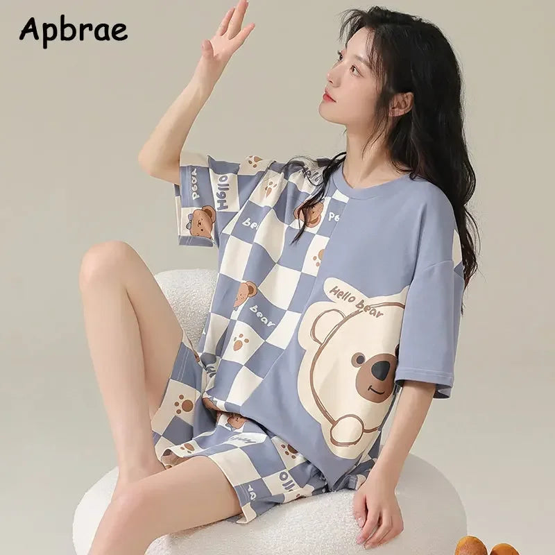 100% Cotton Pajamas for Women Short Sleeved High Quality Pijamas Loose Size Summer Pyjamas Cute Bear Print Women's Nightwear