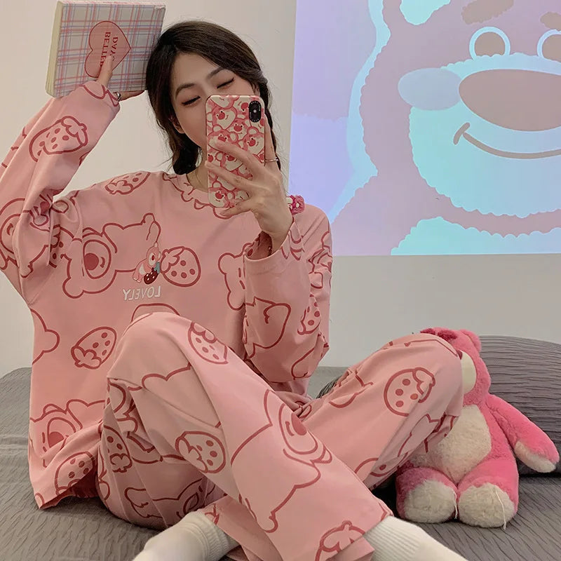 Women's Nightwear Plus Size Cartoon Bear Student Pajamas Homewear Ladies Long Sleeves Plaid Long Trousers Sleepwear Loungewear