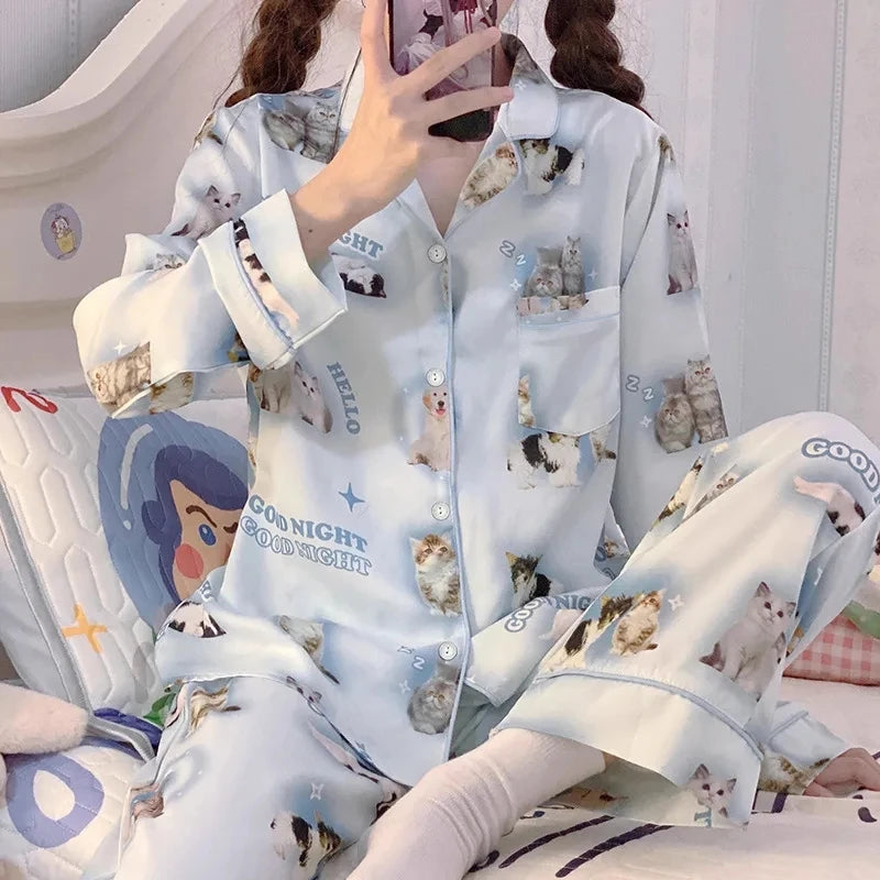 Cute Cat Print Pjs Satin Silk Sleepwear Long Sleeves Fashion Pyjamas Spring Summer New Pajamas for Women Lapel Home Wear