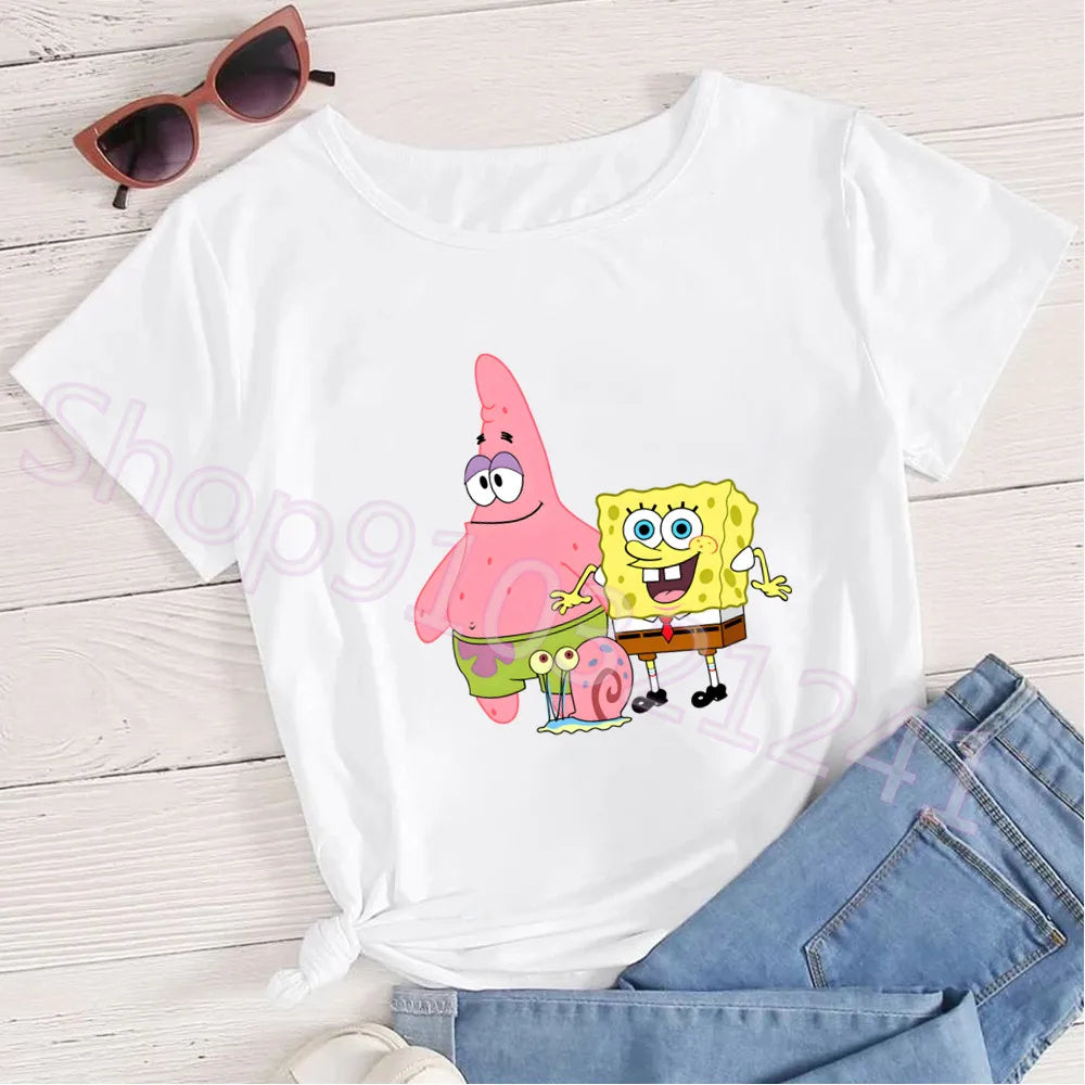 Summer Cartoon Spongebob T Shirt O-Neck Aesthetics TShirt Print Casual Short Sleeve Streetwear Harajuku Women Top Clothes