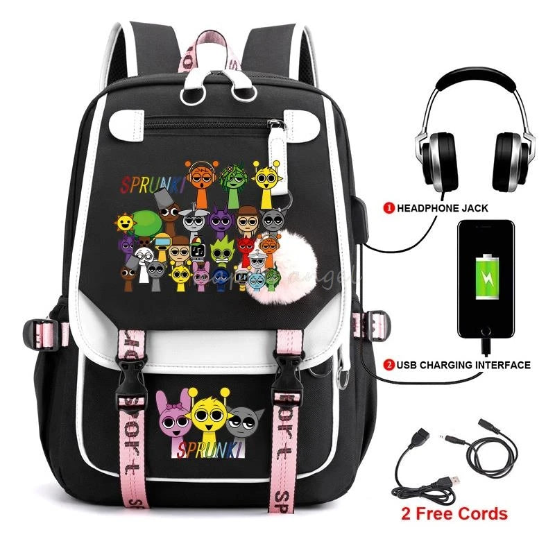 Hot Fashion New Sprunki USB Charging Bookbag Women Back Pack Laptop School Bags for Teenage Girls Boys Schoolbag Best Gift