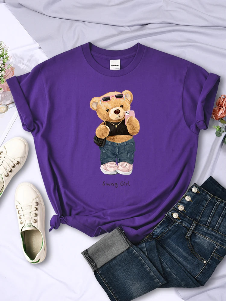 Street Teddy Bear Selfie Swag Girl Funny Printed T-Shirts Women Personality Hip Hop Short Sleeve Summer Breathable Tee Clothing