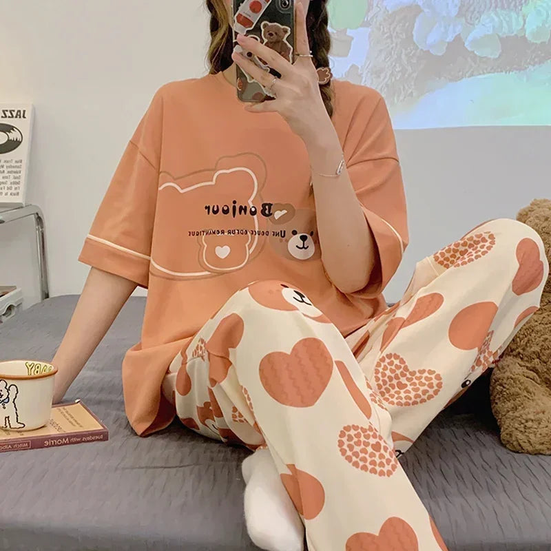 New Pajama Cartoon Cotton Pajamas for Women Summer Short Sleeved Long Pants Sleepwear Korean Fashion Rabbit Print Home Clothing