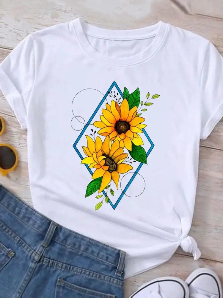 Graphic T Shirt Casual Clothing Summer Short Sleeve Cute Lovely Sweet Flower Women Print Fashion Clothes Tee T-shirt Female Top