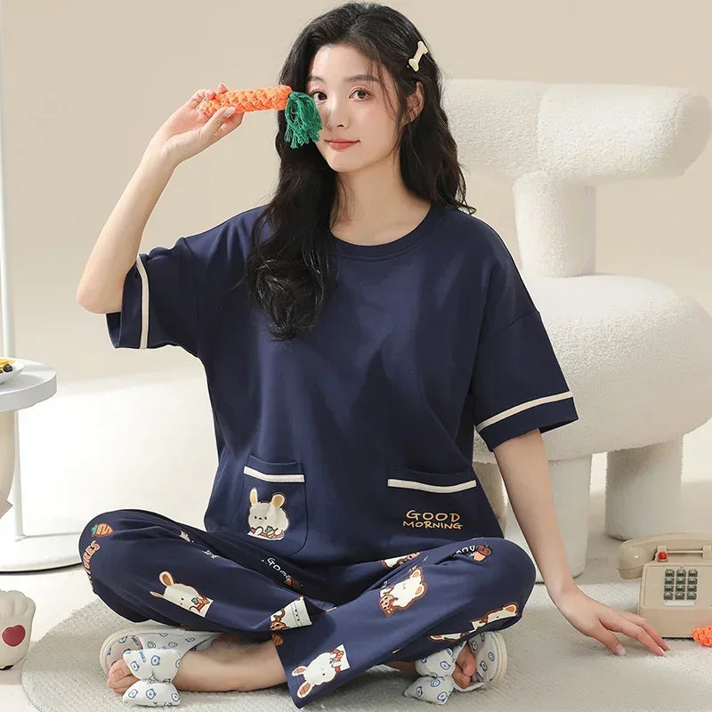 Spring Summer Women Pajamas Soft Cotton Cute Rabbit Print Pijamas Short Sleeved Plaid Pants Sleepwear Fashion Home Wear