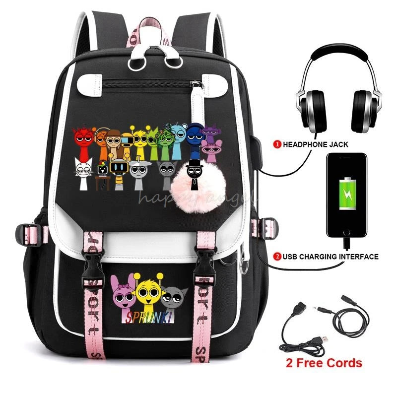 Hot Fashion New Sprunki USB Charging Bookbag Women Back Pack Laptop School Bags for Teenage Girls Boys Schoolbag Best Gift