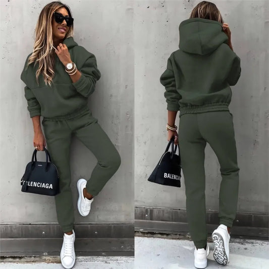 Autumn Winter New Solid Color Long Sleeve Hoodie Women's Casual Suit Fashion Loose Sports Hoodie + Small Foot Pants 2 Piece Set