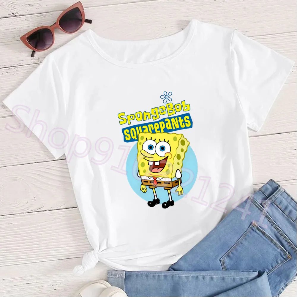 Summer Cartoon Spongebob T Shirt O-Neck Aesthetics TShirt Print Casual Short Sleeve Streetwear Harajuku Women Top Clothes