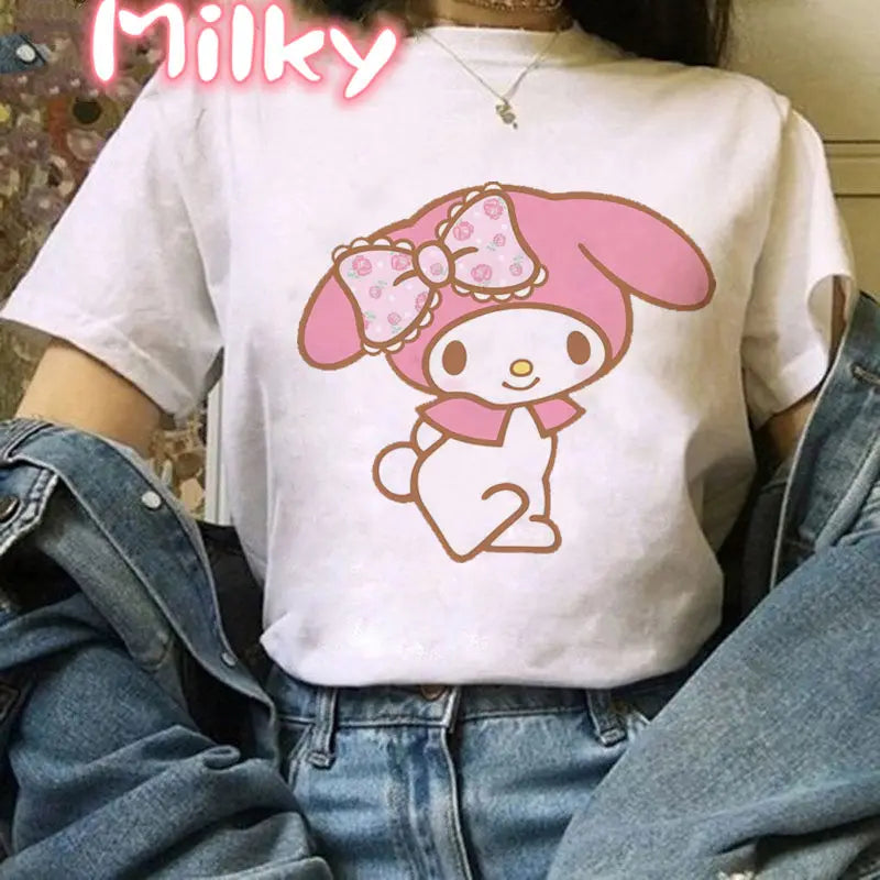 Kawaii My Melody T Shirt Oversized Kuromi Printed Cartoon T-shirts Streetwear Short Sleeve Cute Sweet Girl Tops Women Clothing