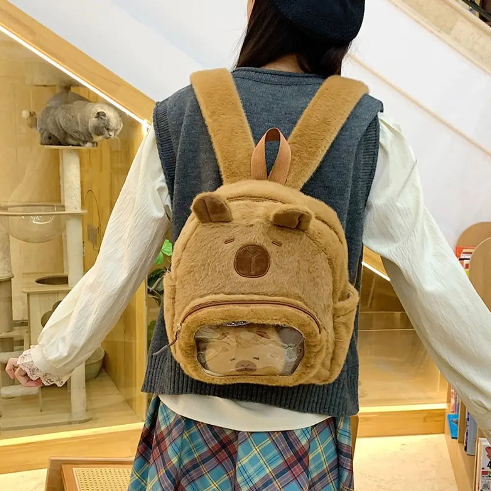 Kawaii Cartoon Capybara Plush Backpack See-through Without Capibara Doll Plushie Doll Fur Bag Capybara Pain Bag