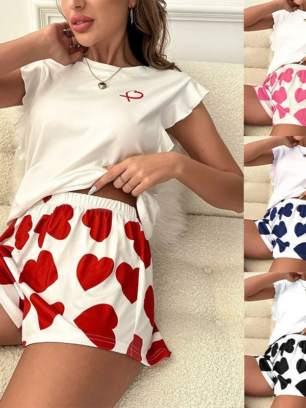 2024 New Women's Love Heart Printed Round Neck Short Sleeve T-shirt+high Waisted Loose Casual Shorts Home Two Piece Set GFP0