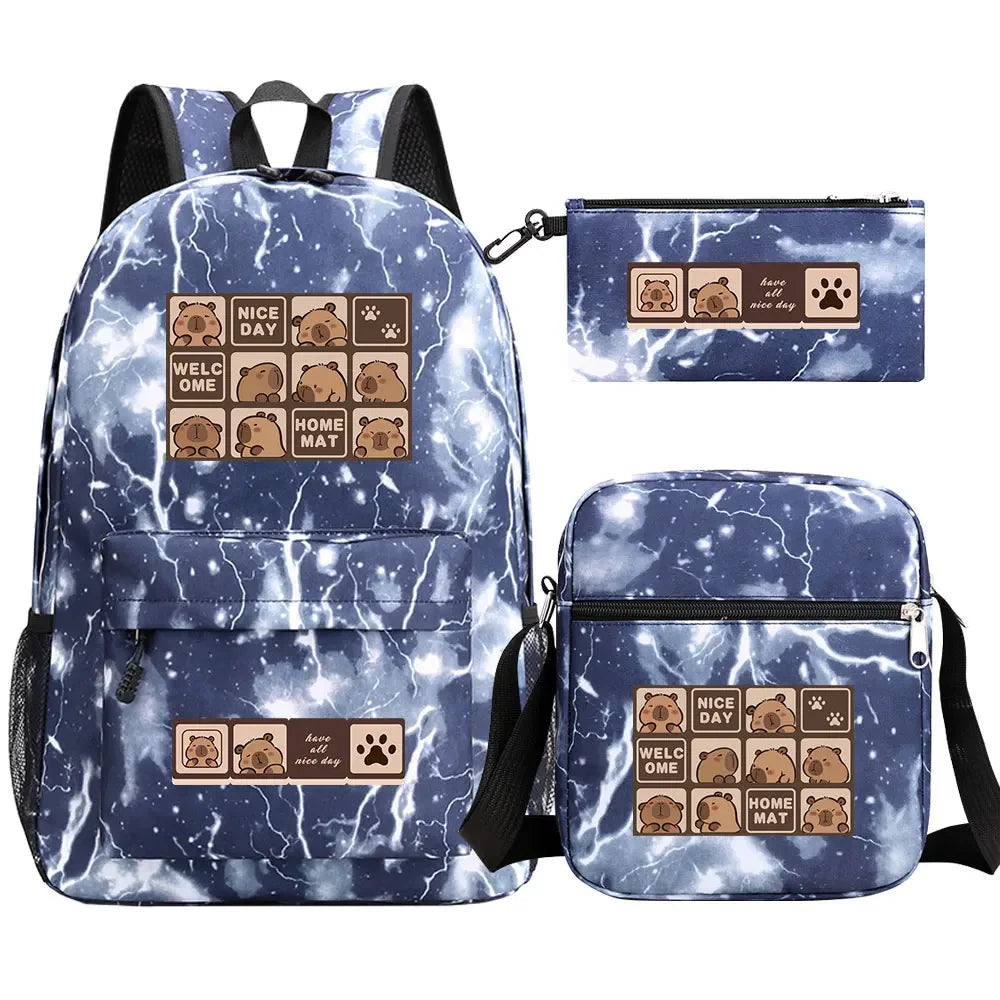 Cute Capybara 3Pcs Boy Girl Kids Back To School Book Bags Travel Student Backpack Shoulder Bag Pen Bags For Men Women