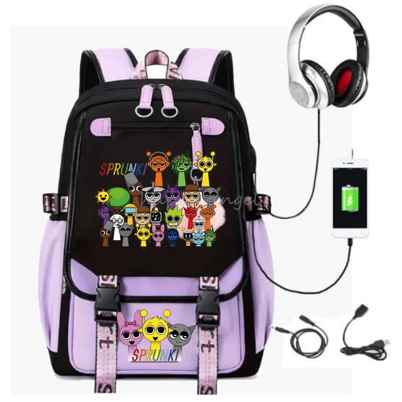 Hot Fashion New Sprunki USB Charging Bookbag Women Back Pack Laptop School Bags for Teenage Girls Boys Schoolbag Best Gift