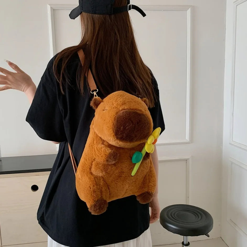 Soft Cartoon Capybara Backpack Hamburg French Fries Kawaii Handbags Korean Style Plush Doll Fur Bag Boys