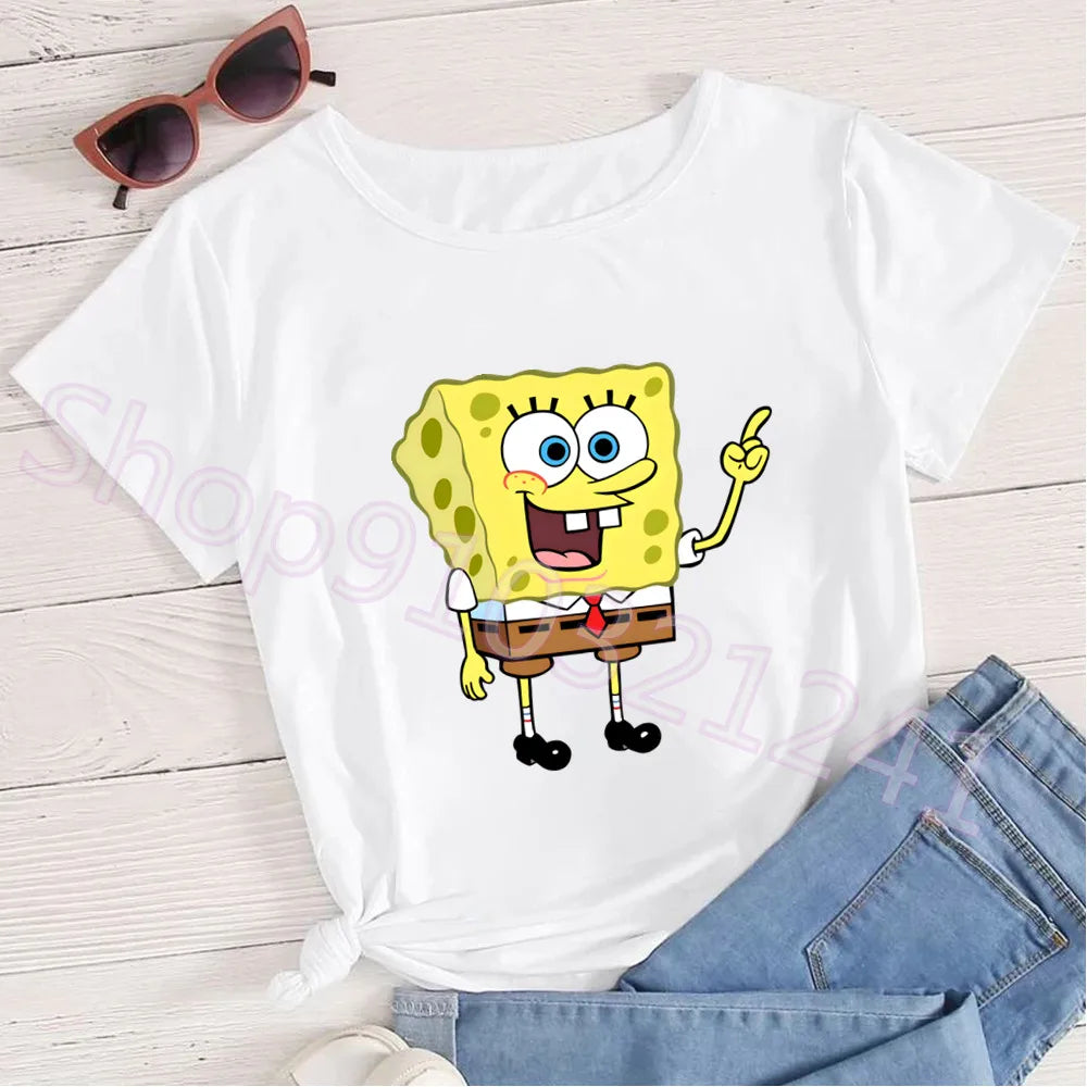 Summer Cartoon Spongebob T Shirt O-Neck Aesthetics TShirt Print Casual Short Sleeve Streetwear Harajuku Women Top Clothes