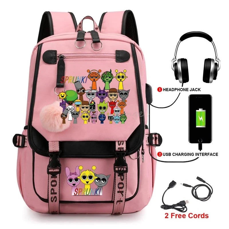 Hot Fashion New Sprunki USB Charging Bookbag Women Back Pack Laptop School Bags for Teenage Girls Boys Schoolbag Best Gift