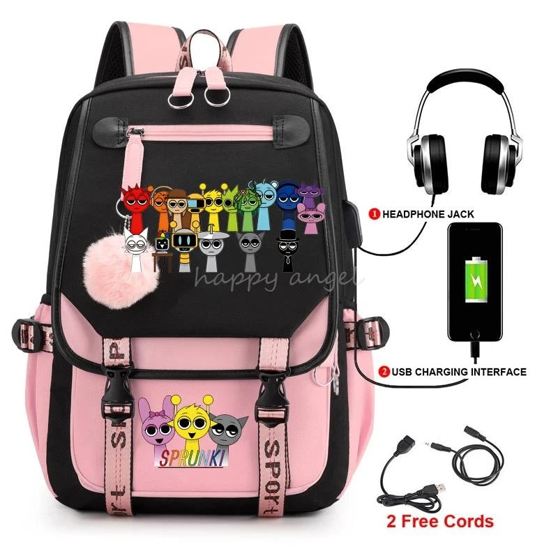 Hot Fashion New Sprunki USB Charging Bookbag Women Back Pack Laptop School Bags for Teenage Girls Boys Schoolbag Best Gift