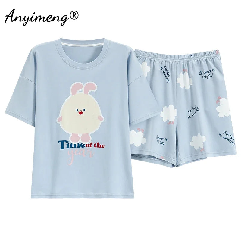 M-4XL 100% Pure Cotton Pajamas for Women Summer Cartoon Print Sleepwear Plus Size Girl Pijamas Short Sleeve Woman Loungewear