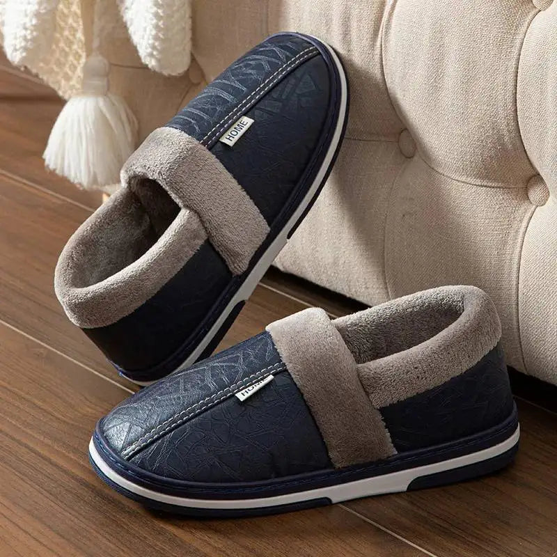 Men's Home Winter Slippers Home Warm Shoes Thick Bottom Plush Waterproof PU Leather Home Couples Cotton Flat Couple Shoes